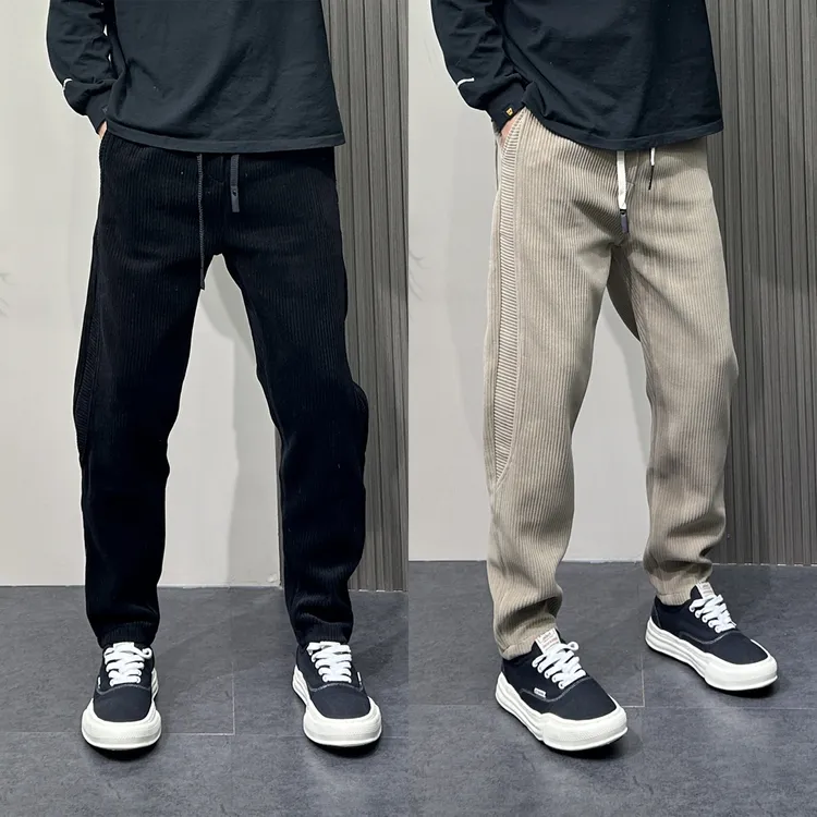 2024秋冬新款灯芯绒时尚加绒休闲裤男士宽松小脚条绒卫裤运动长裤