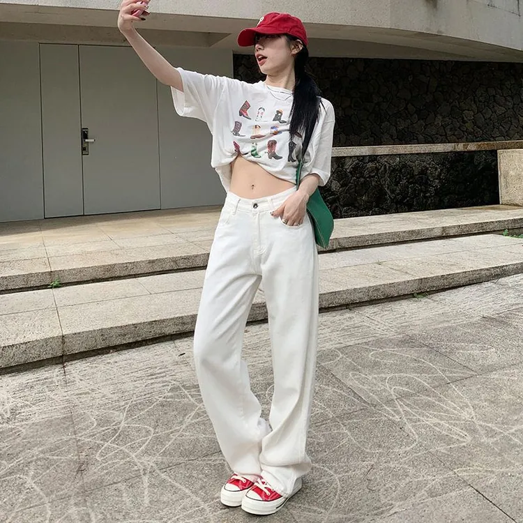 【新中式服装甄选】现货白色阔腿牛仔裤女宽松夏秋高腰泫雅垂感直