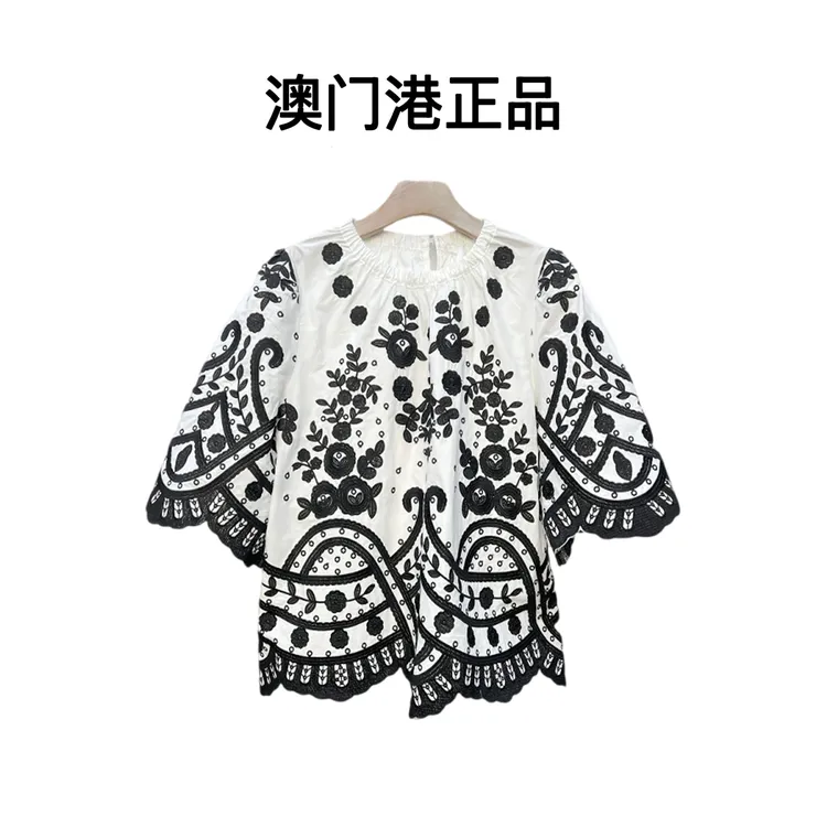 【澳门港正品】夏季法式复古文艺范重工刺绣上衣短袖衬衫女小衫