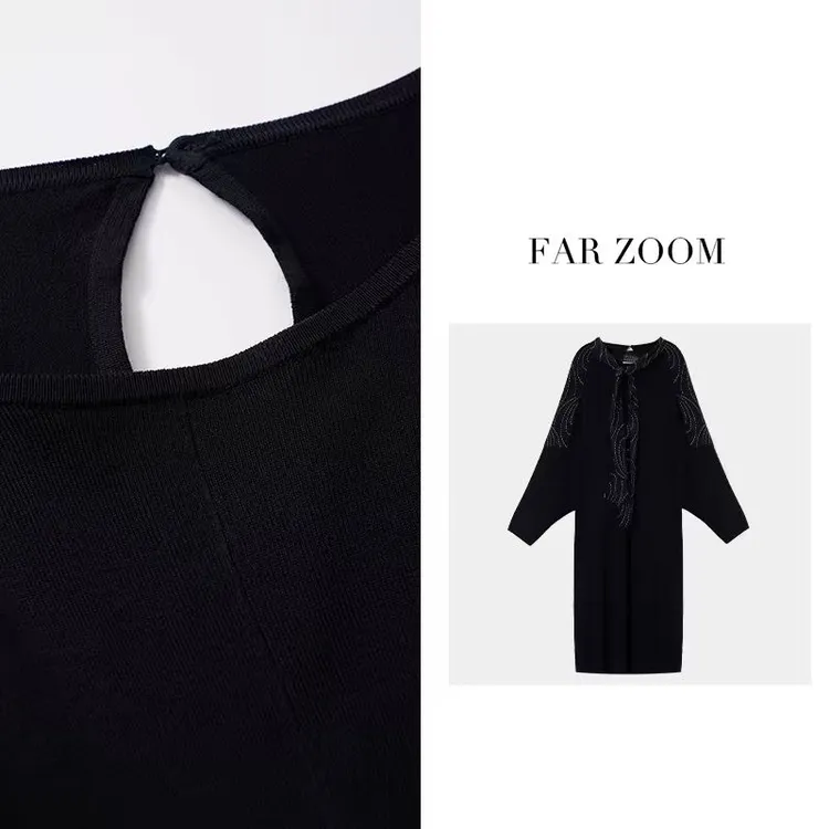 FAR ZOOM  蝙蝠袖大摆裙廓形宽松圆领黑色针织连衣裙