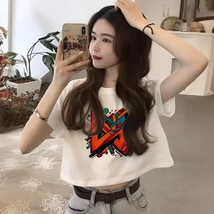 白色短袖t恤女夏季新款设计感宽松纯棉减龄潮流高腰露脐短款上衣