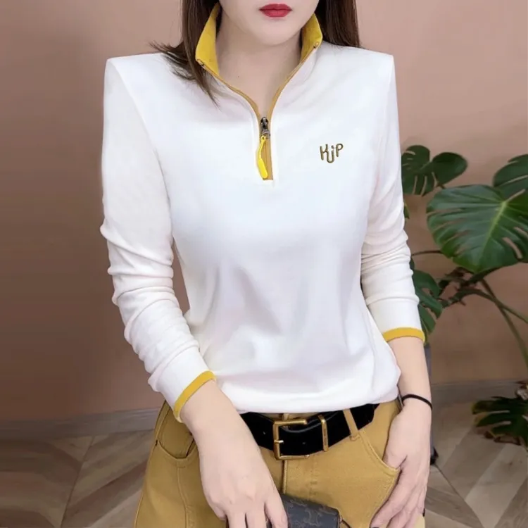 2024冬季新品时尚百搭修身显瘦加绒加厚半拉链打底女士上衣5551