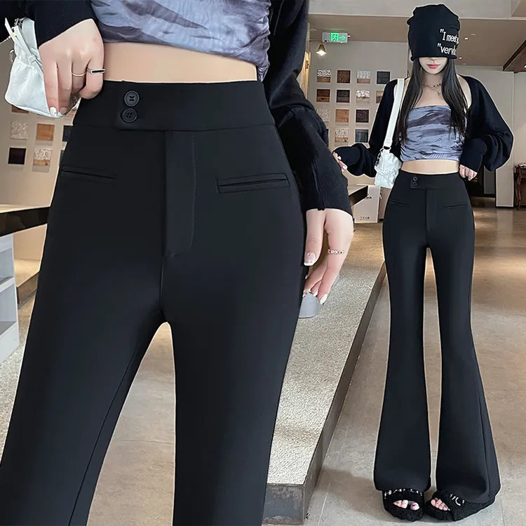 高腰纽扣设计西装版微喇裤女2025春季新款垂感弹力显瘦休闲阔腿裤