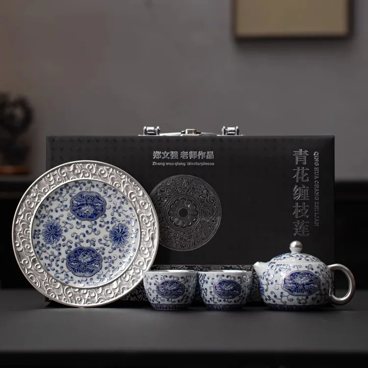 999鎏银缠枝莲陶瓷茶具套装小套精致茶壶茶杯高档复古一壶二杯