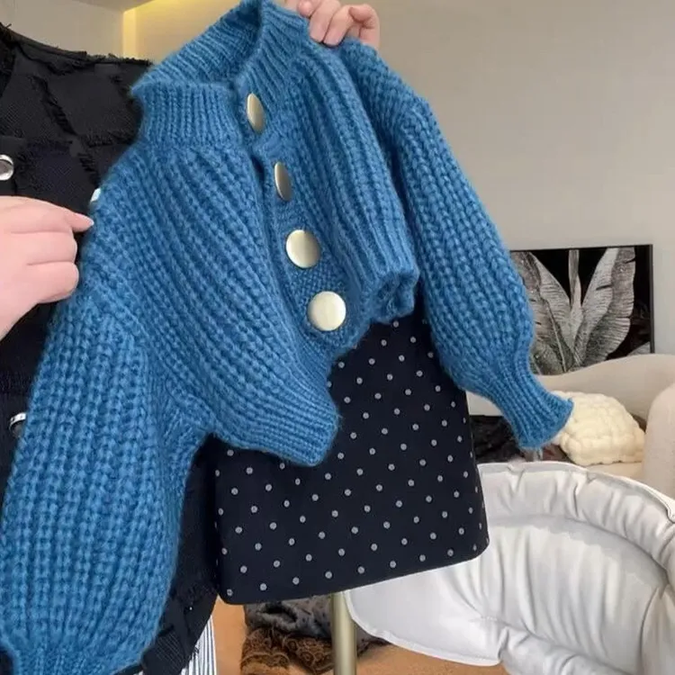 儿童宝宝洋气时尚新款韩版圆领长袖蓝色针织开衫女童外套秋冬套装