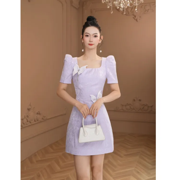 设计师新款气质名媛泡泡袖绝美小众复古优雅收腰显瘦连衣裙15393