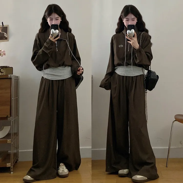 大码胖mm女秋季新款工装假两件外套+阔腿裤休闲两件套装女