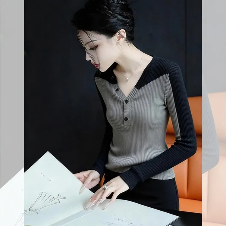 2025秋冬复古轻熟风v领长袖针织打底衫女设计感修身撞色上衣小众