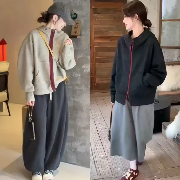 正版撞色连帽加绒加厚卫衣外套女2025秋冬新款设计感休闲显瘦上衣