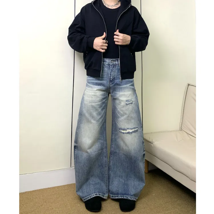 JXGOGLOBAL美式复古水洗蓝破洞弯刀牛仔裤休闲男女宽松做旧裤子