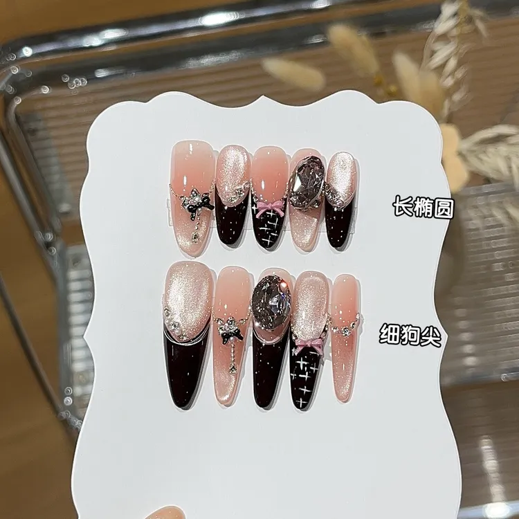 黑粉千金 miu系小香风气质黑法蝴蝶结碎钻K9堆钻显白纯手工穿戴甲