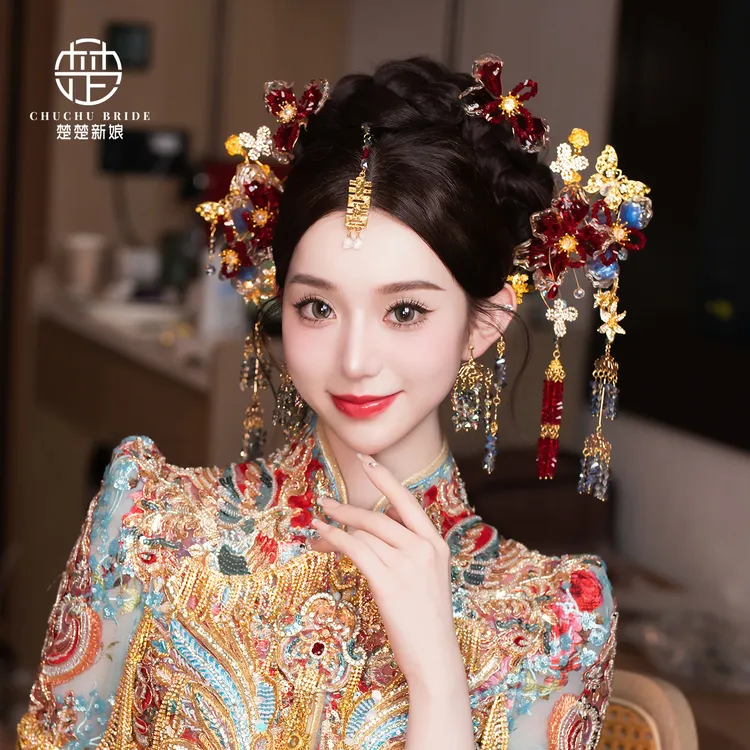 新款中式新娘秀禾服头饰减龄古风汉服龙凤褂结婚传统古装婚礼发饰