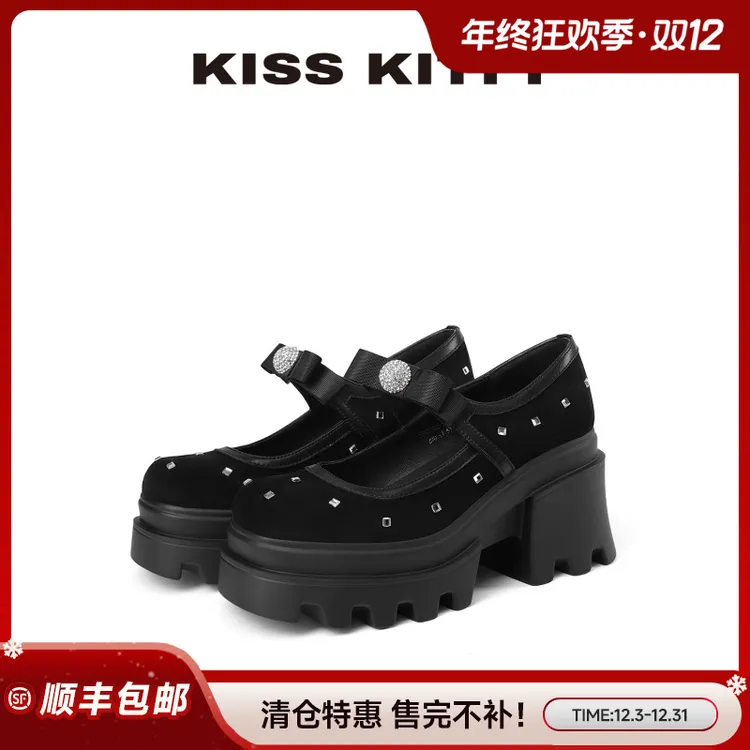 KISSKITTY【清仓特价】蝴蝶结玛丽珍25年秋季款黑色厚底女单鞋百搭