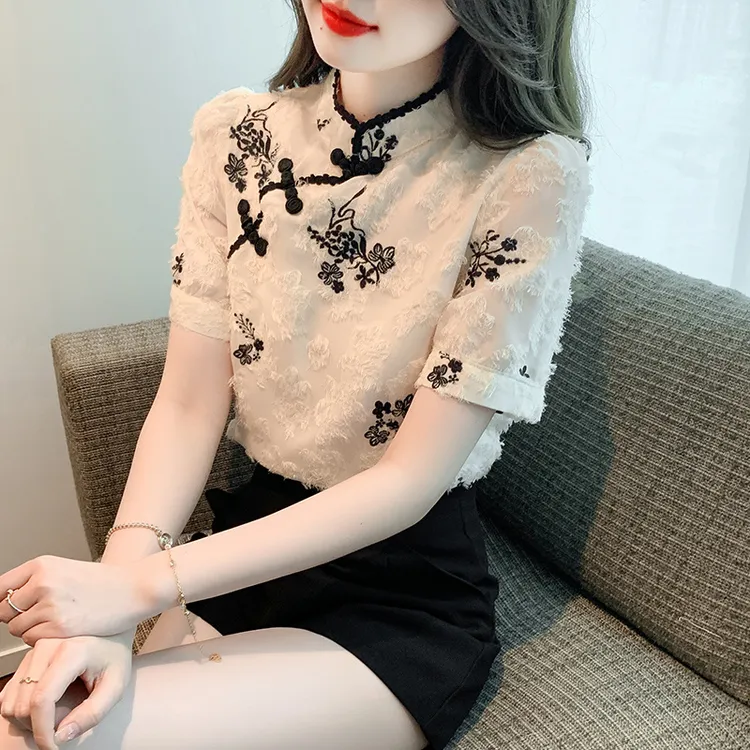 新款2025夏国风复古改良旗袍盘扣雪纺衫女士提花刺绣高端洋气小衫