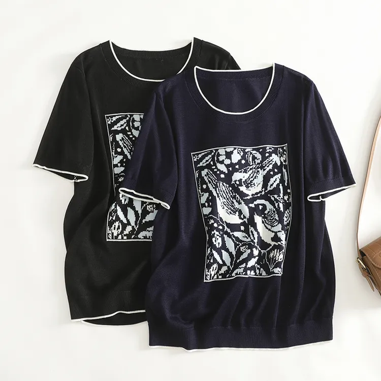 YANUJIAO/雅奴嬌莱赛尔针织衫短袖夏季大码遮肚显瘦宽松针织上衣