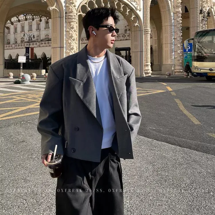 OXFREAK 「高阶玩家 戗驳领」枪灰色阔版短款西装外套男宽松西服