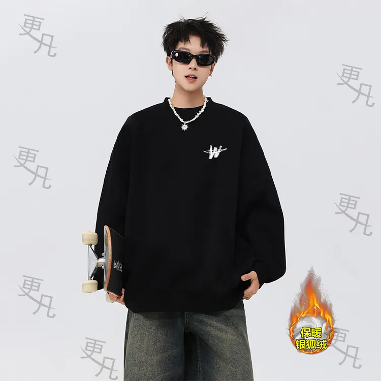 更凡重磅设计感加绒加厚圆领卫衣秋冬美式原宿简约长袖打底衫上衣