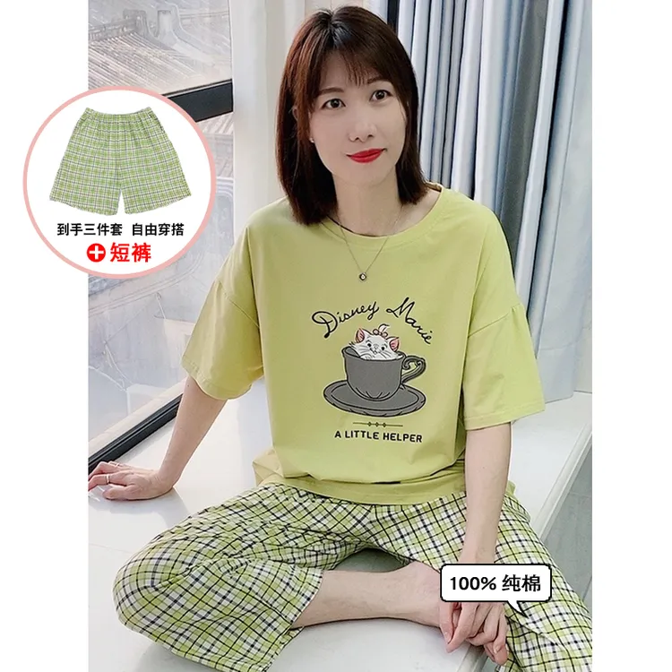 睡衣女夏纯棉短袖7分裤宽松大码女装套装薄款卡通夏季韩版家居服