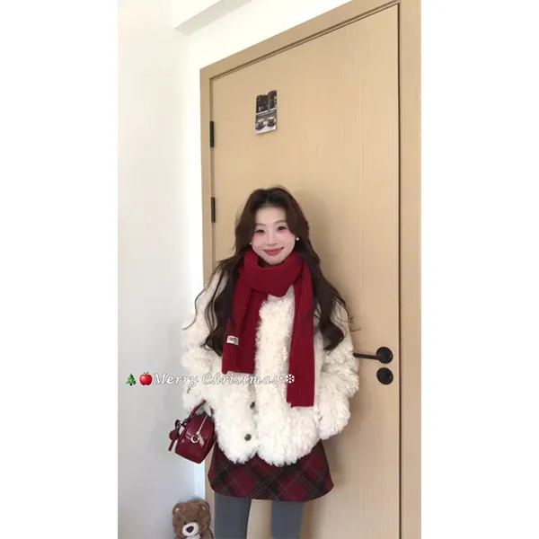 韩系新款费尔岛提花针织开衫女慵懒风毛衣外套上衣围巾裙子套装