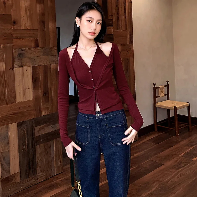 性感辣妹挂脖假两件T恤女秋季2025新款纯欲拼接百搭修身长袖开衫