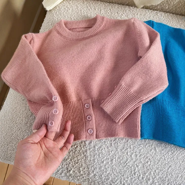 儿童三粒扣打底衫毛衣2025秋冬装新款女童收腰纯色长袖圆领套头衫