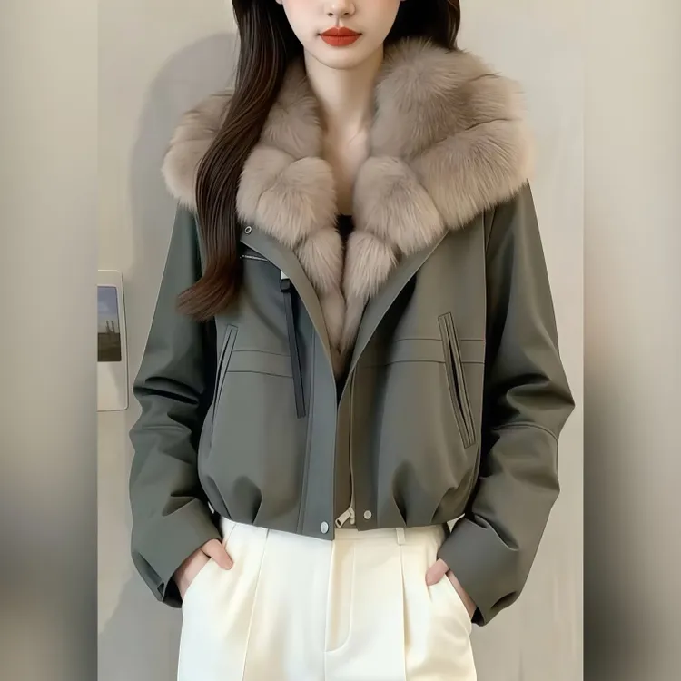 罗芬面料故事旗舰店女装冬季新款气质百搭毛毛翻领长袖夹棉厚外套