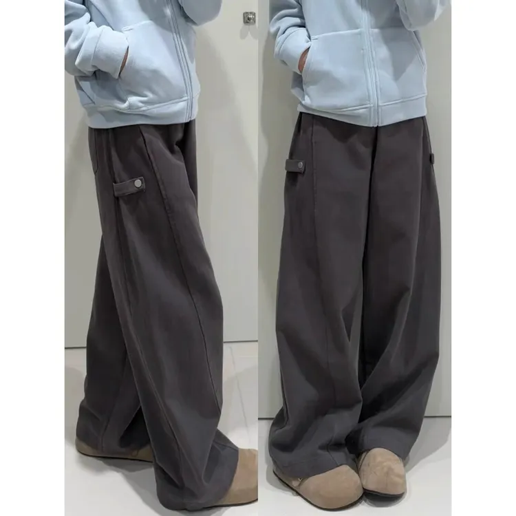 深灰色加绒弯刀工装裤女秋冬新款大码胖mm宽松显瘦美式休闲阔腿裤