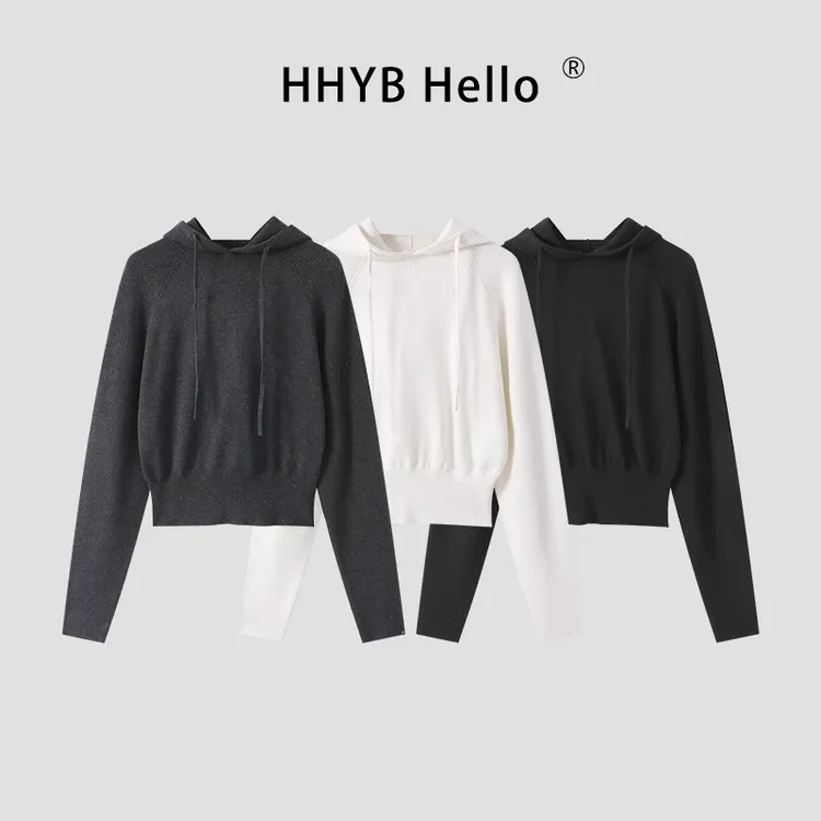 HHYB Hello2025新款休闲插肩袖套头连帽毛衣短款针织上衣女M1464