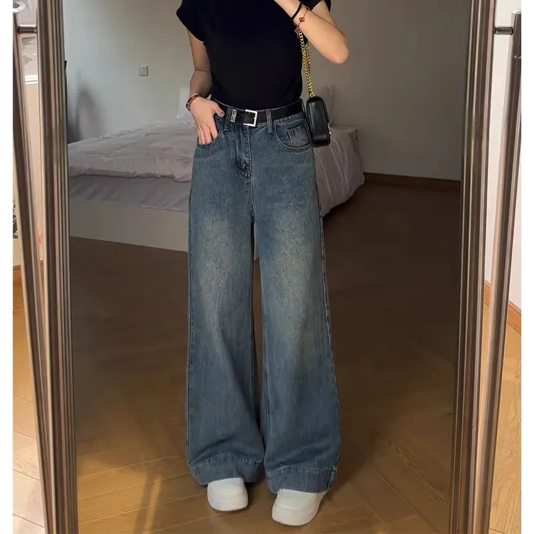 7476 Q青蓝高腰牛仔阔腿裤女春季新款宽松百搭时尚小个子拖地裤