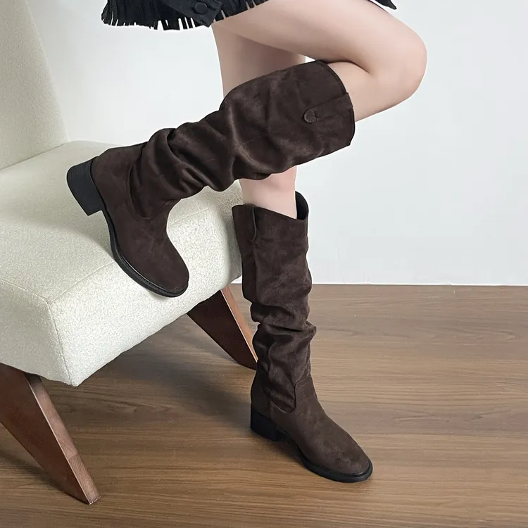 秋冬时尚粗跟长筒瘦瘦靴高跟骑士靴百搭复古堆堆靴真皮中筒女靴