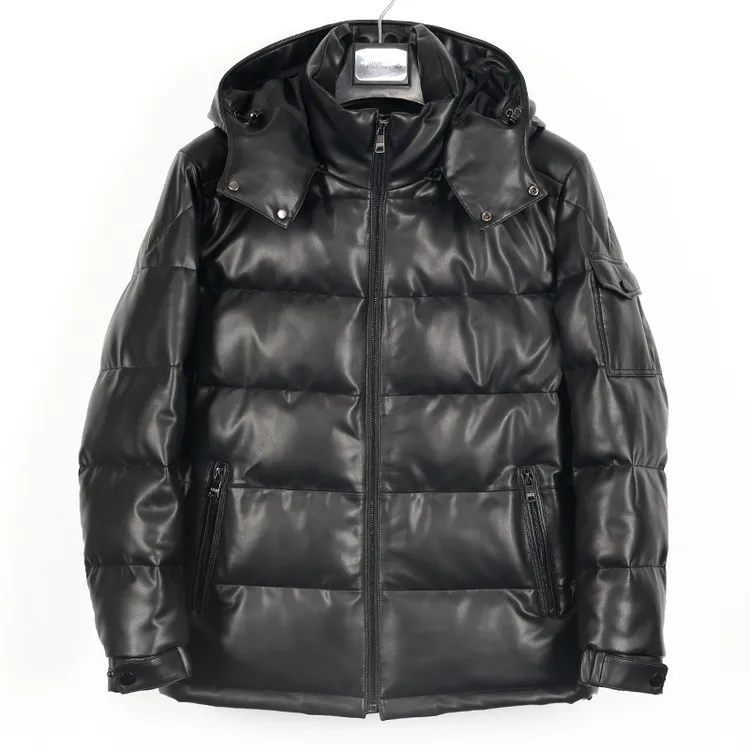  2025年新款海宁冬季男士白鹅绒绵羊皮连帽保暖黑色皮衣外套25306