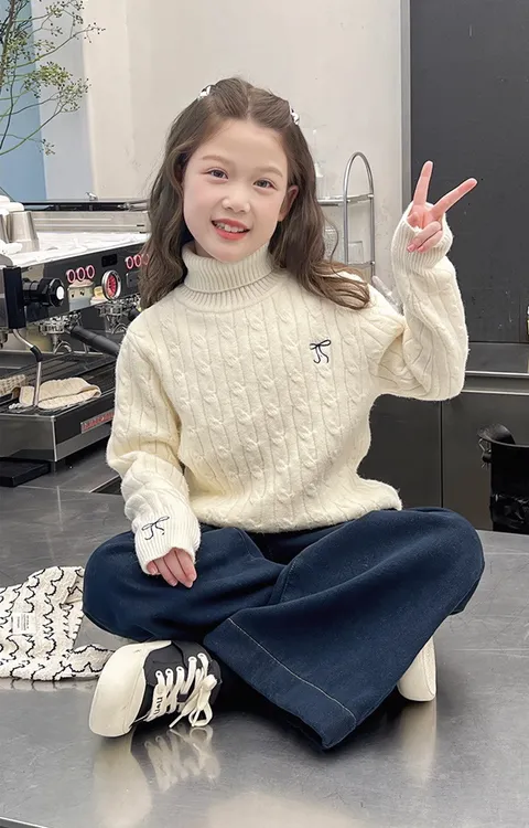 【朵妈专属】高领针织毛衣女童加绒加厚纯色刺绣百搭洋气针织衫