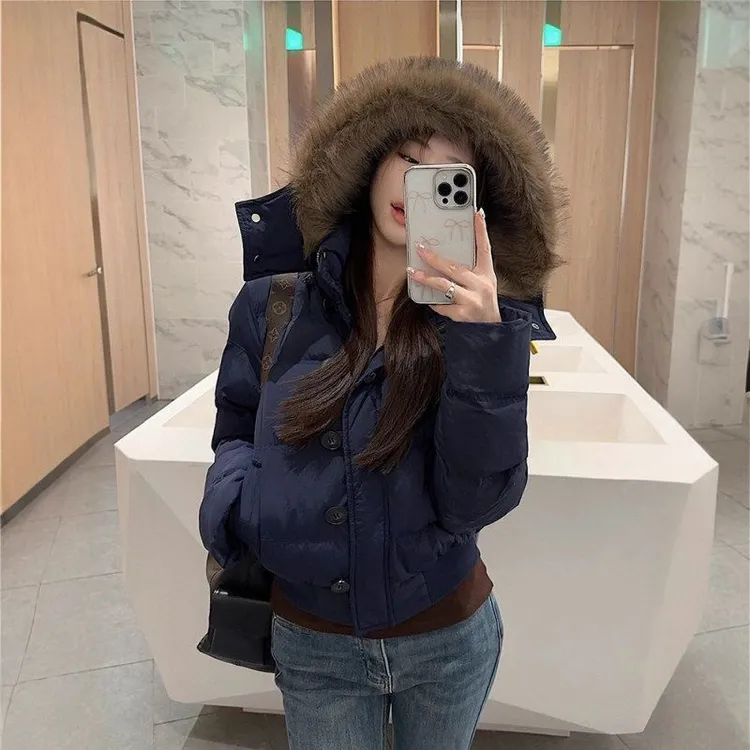 大毛领连帽棉衣外套女装秋季加厚保暖派克服短款显瘦面包棉服棉