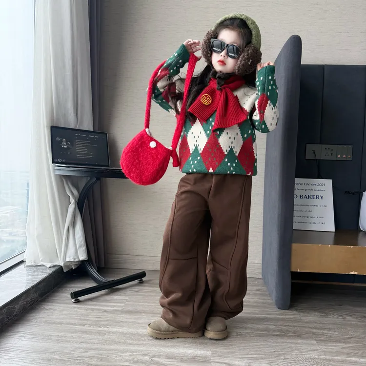 女童冬季新年款洋气百搭拼色针织毛衣两件套女孩加绒弯刀裤套装潮