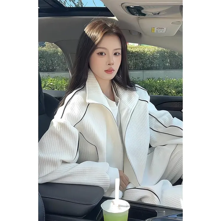 白色肌理感套装男女秋季美式慵懒风运动外套小众设计感条纹休闲裤