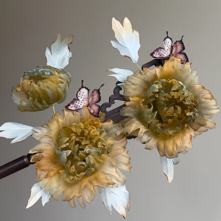 原创（枯叶蝶）真丝烫花发饰汉服配饰古风发饰