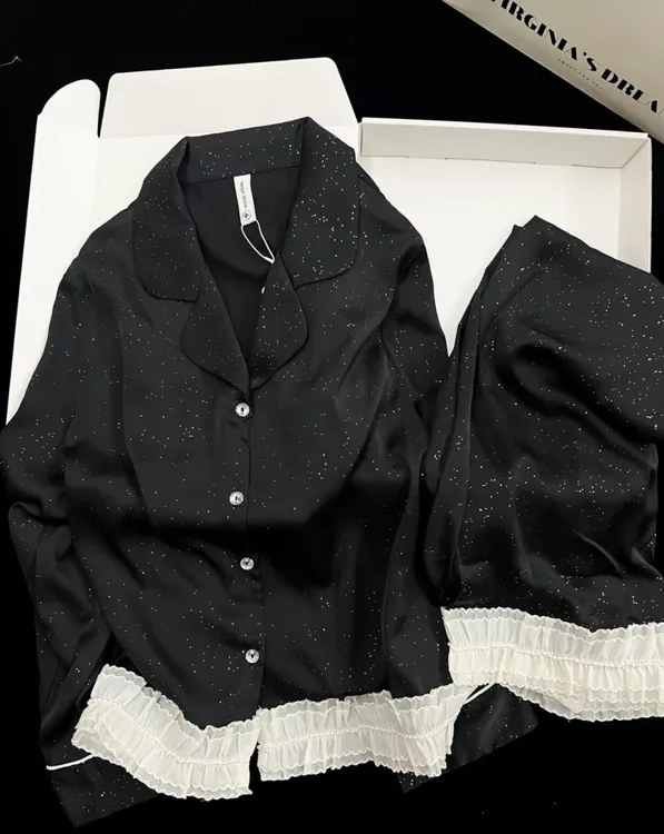 蕾丝珍珠拼接满天星印花冰丝睡衣女2025春夏季新款家居服套装外穿