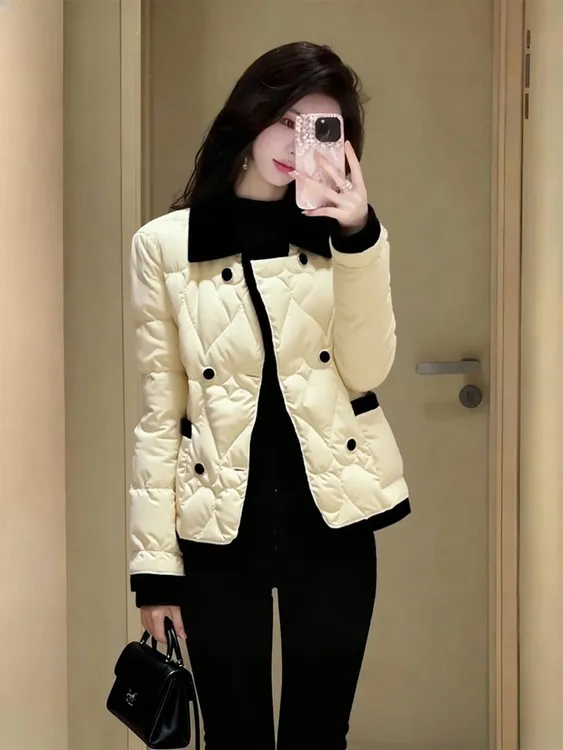 秋季小个子时尚洋气设计感小香风宽松百搭米杏色翻领加厚棉服外套