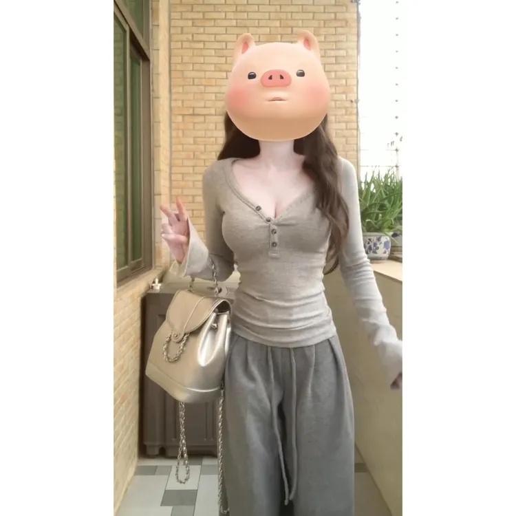 韩系chic辣妹灰色正肩V领长袖T恤女早秋2025新款别致修身显瘦上衣