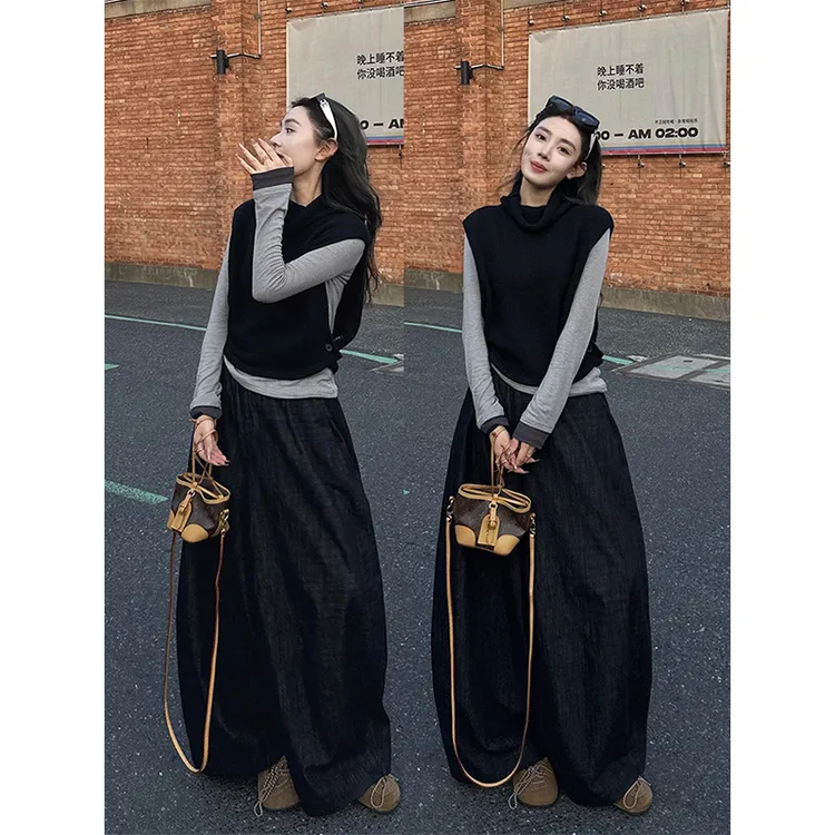 parkyeon韩系穿搭撞色打底衫叠穿毛衣马甲高腰显瘦阔腿裤套装女