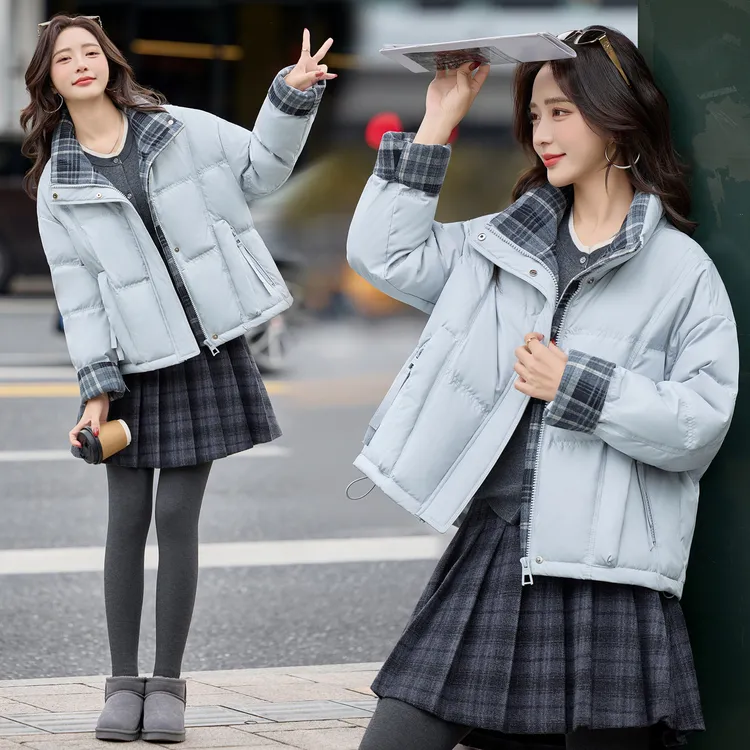 休闲时尚格纹拼接立领羽绒服女2025冬季新款小个子白鸭绒短款外套