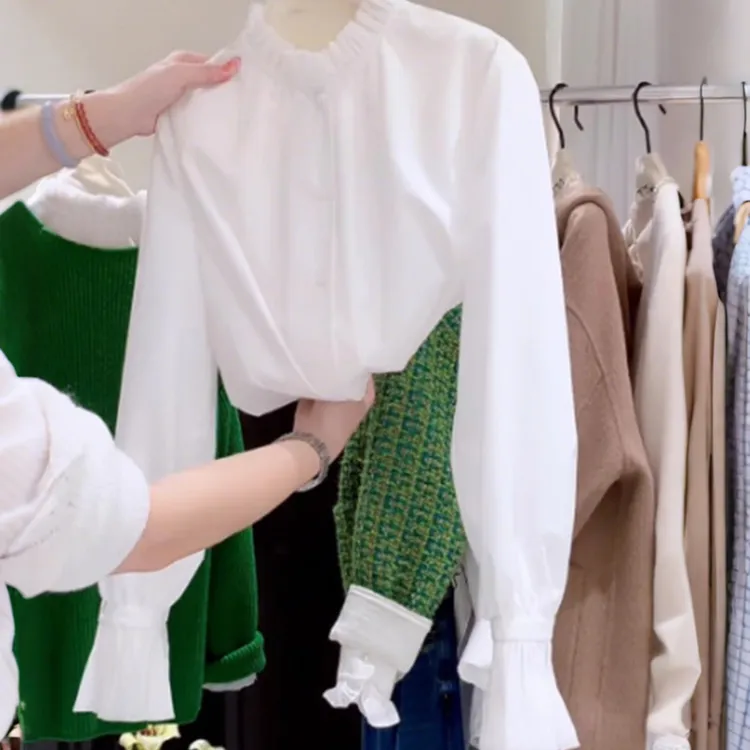 木耳边领设计百搭衬衫2025春季大码mm宽松高级感白色长袖上衣
