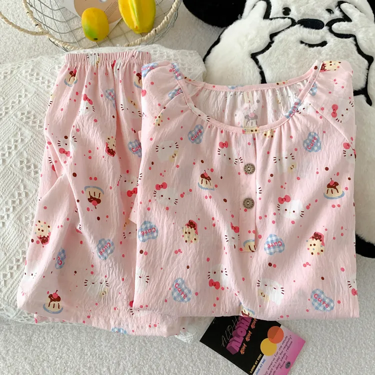 粉色蛋糕小猫印花睡衣2025新款女学生短袖短裤圆领可外穿套装