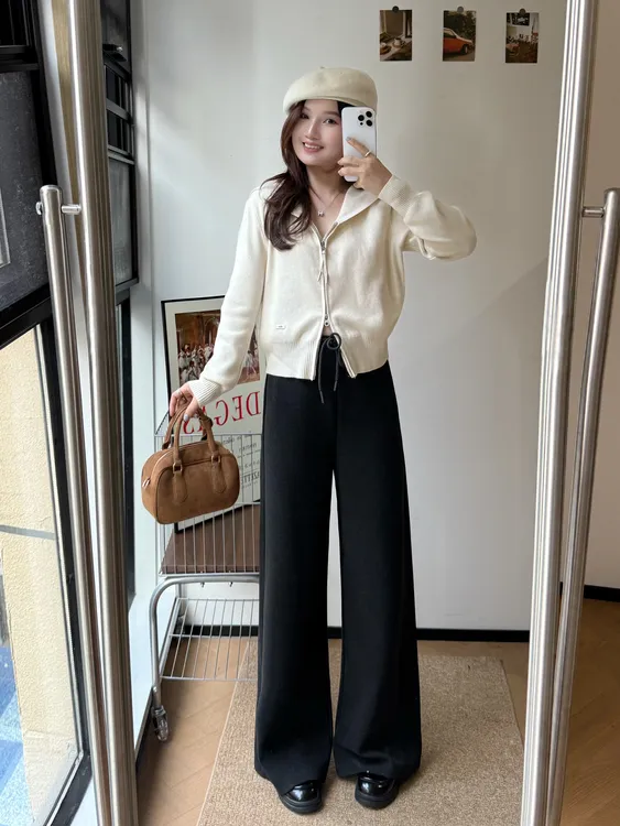 运费补贴小个子秋季韩系文艺慵懒风百搭显瘦抽绳松紧腰窄版阔腿裤