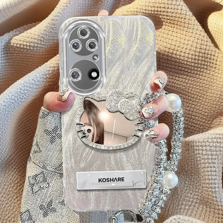 自带镜头膜华为P50手机壳镶钻kt猫镜子P50E全包P50Pro保护套羽纱
