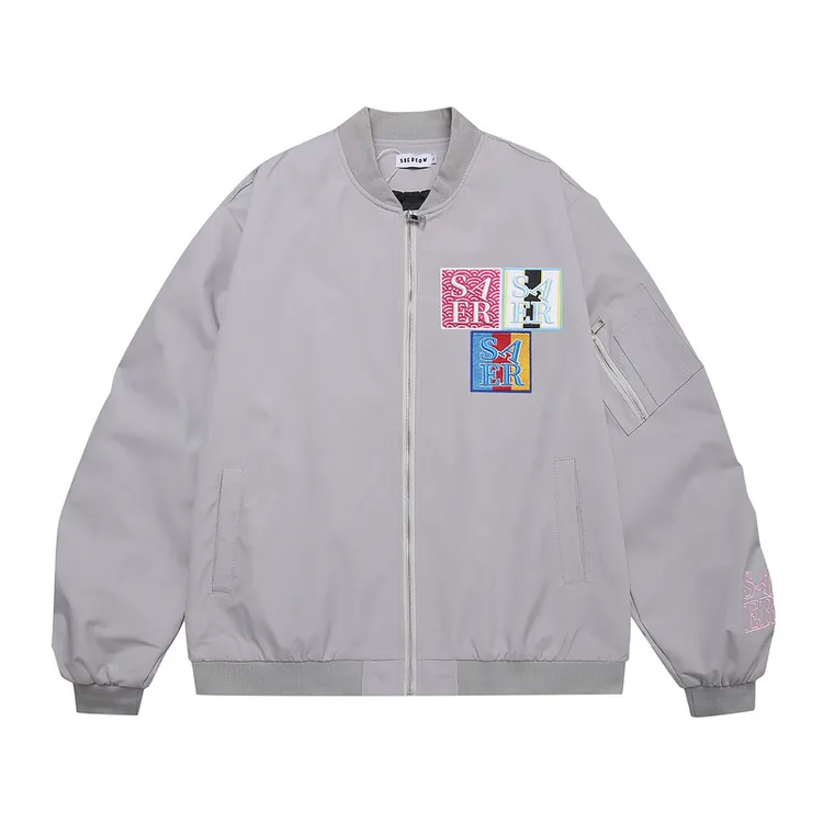 欧美街头中性风贴标刺绣立领夹克日系复古宽松休闲潮流风衣外套春