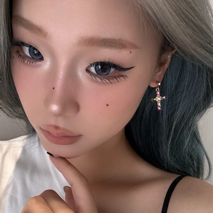 铜合金锆石耳饰 水钻彩色十字架耳环欧美时尚辣妹饰品小众女耳饰