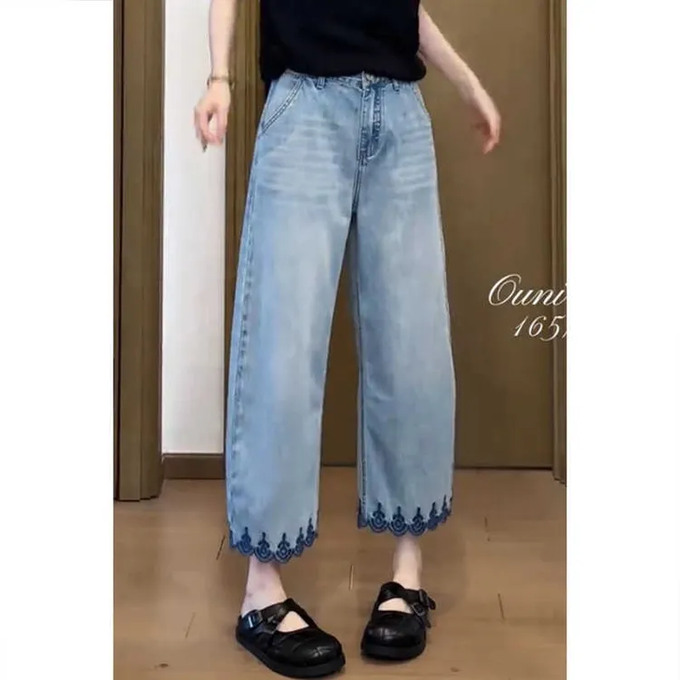 夏季女款阔腿裤刺绣八分裤休闲显瘦修身女牛仔裤子舒适时尚弯刀裤