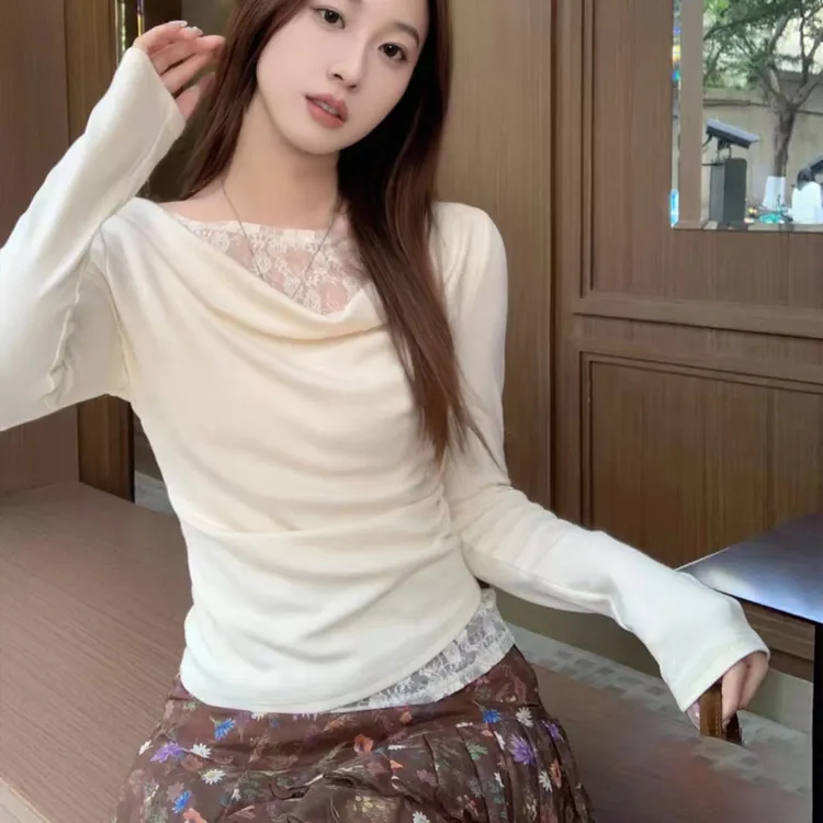 杏色纯欲荡领露肩长袖T恤2025秋季一字肩蕾丝拼接收腰假两件上衣