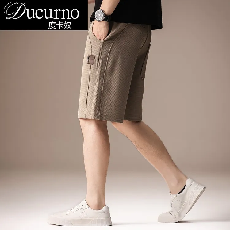 男士美式华夫格男士运动短裤夏季薄款中裤宽松直筒休闲五分裤子男